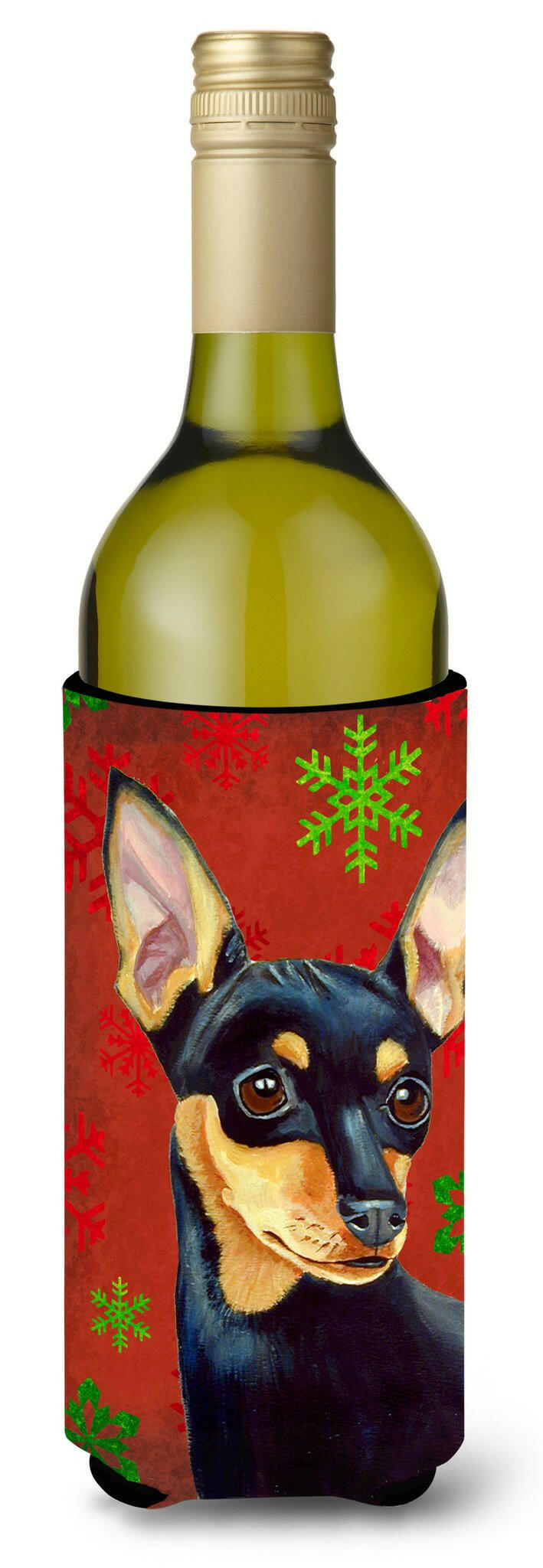 Min Pin Red and Green Snowflakes Holiday Christmas Wine Bottle Beverage Insulator Beverage Insulator Hugger by Caroline&#39;s Treasures