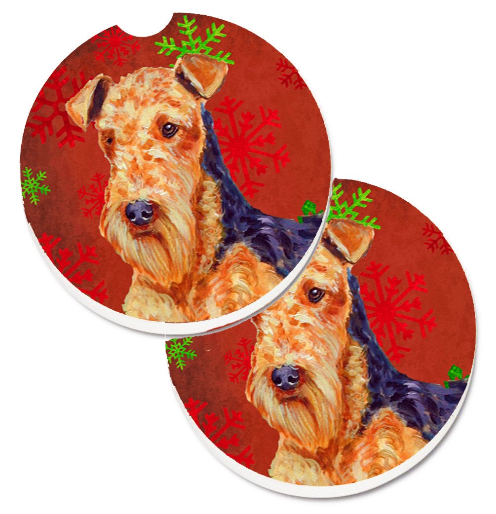 Airedale Red and Green Snowflakes Holiday Christmas Set of 2 Cup Holder Car Coasters LH9336CARC by Caroline&#39;s Treasures