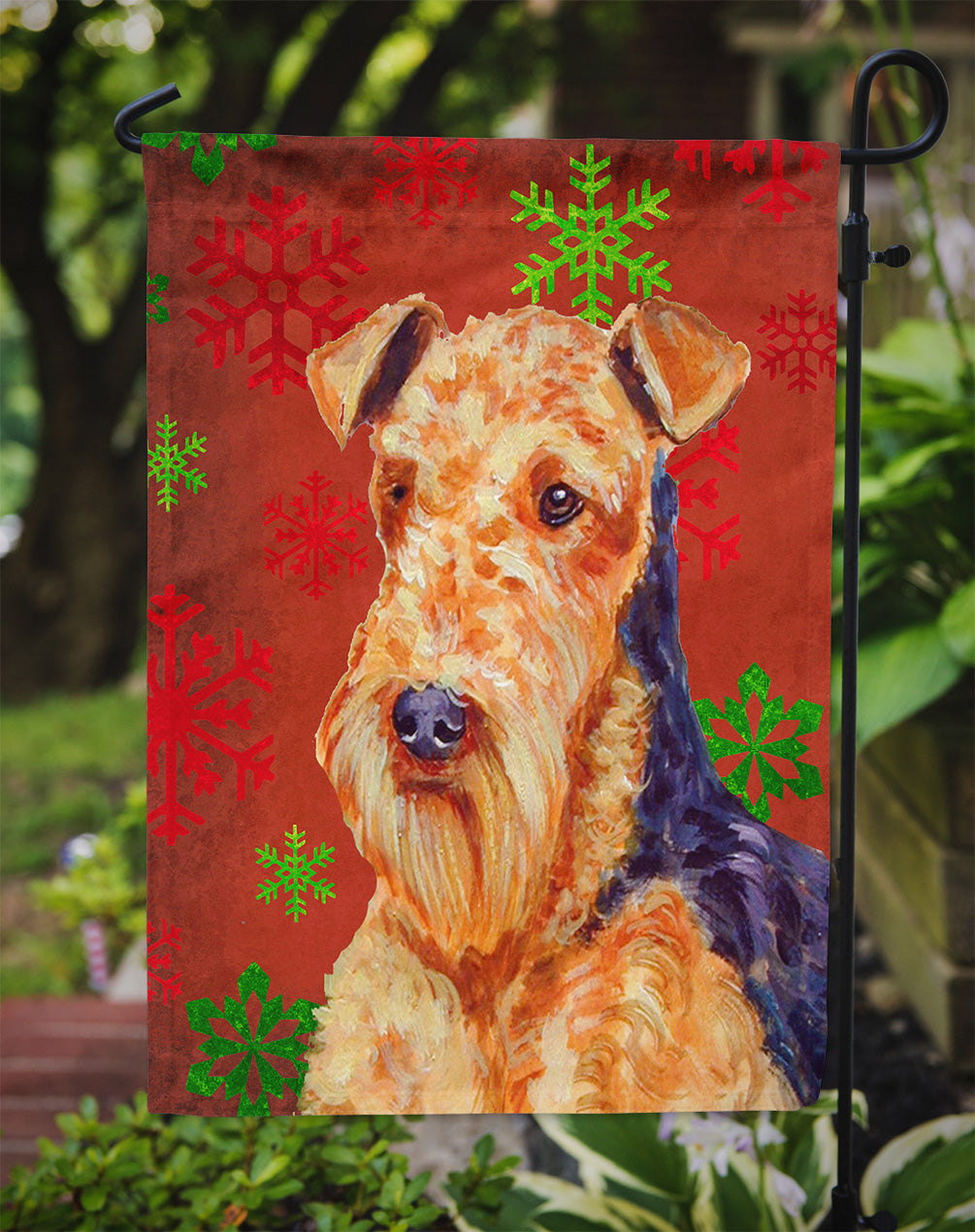 Airedale Red and Green Snowflakes Holiday Christmas Flag Garden Size.