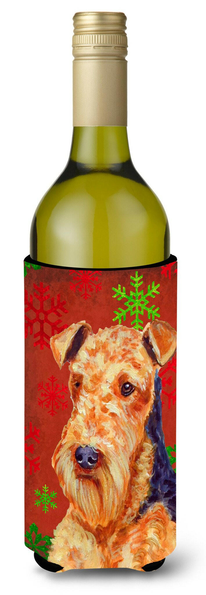 Airedale Red and Green Snowflakes Holiday Christmas Wine Bottle Beverage Insulator Beverage Insulator Hugger by Caroline&#39;s Treasures
