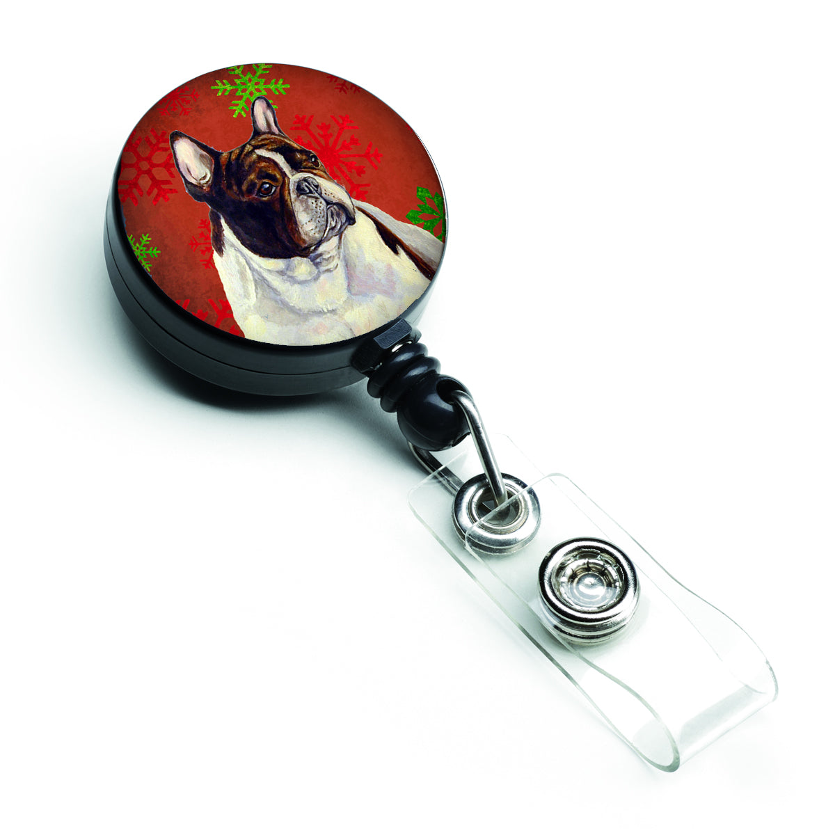 French Bulldog Red and Green Snowflakes Holiday Christmas Retractable Badge Reel LH9337BR