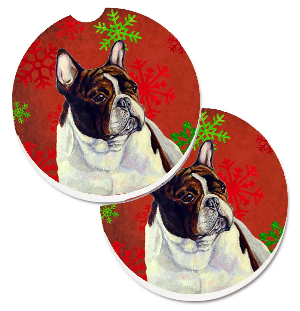 French Bulldog Red and Green Snowflakes Holiday Christmas Set of 2 Cup Holder Car Coasters LH9337CARC by Caroline&#39;s Treasures