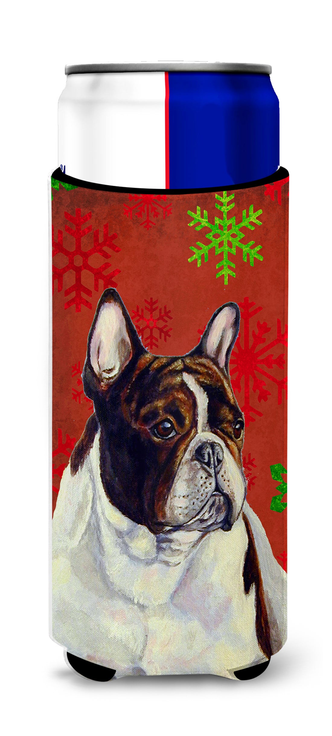 French Bulldog Red and Green Snowflakes Holiday Christmas Ultra Beverage Insulators for slim cans LH9337MUK.