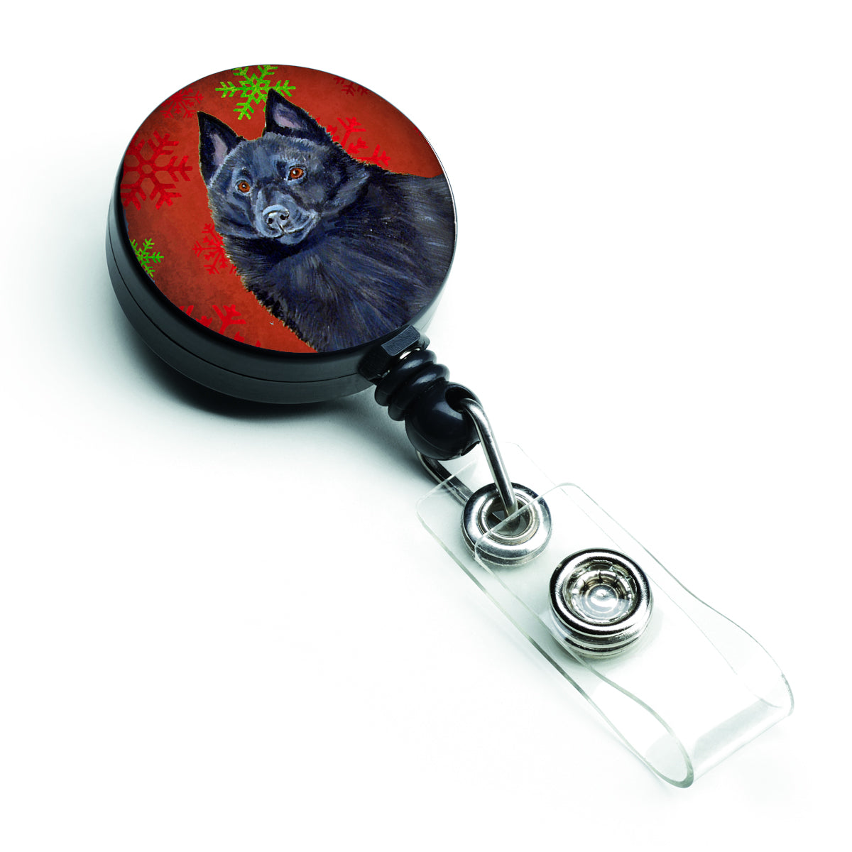 Schipperke Red and Green Snowflakes Holiday Christmas Retractable Badge Reel LH9339BR