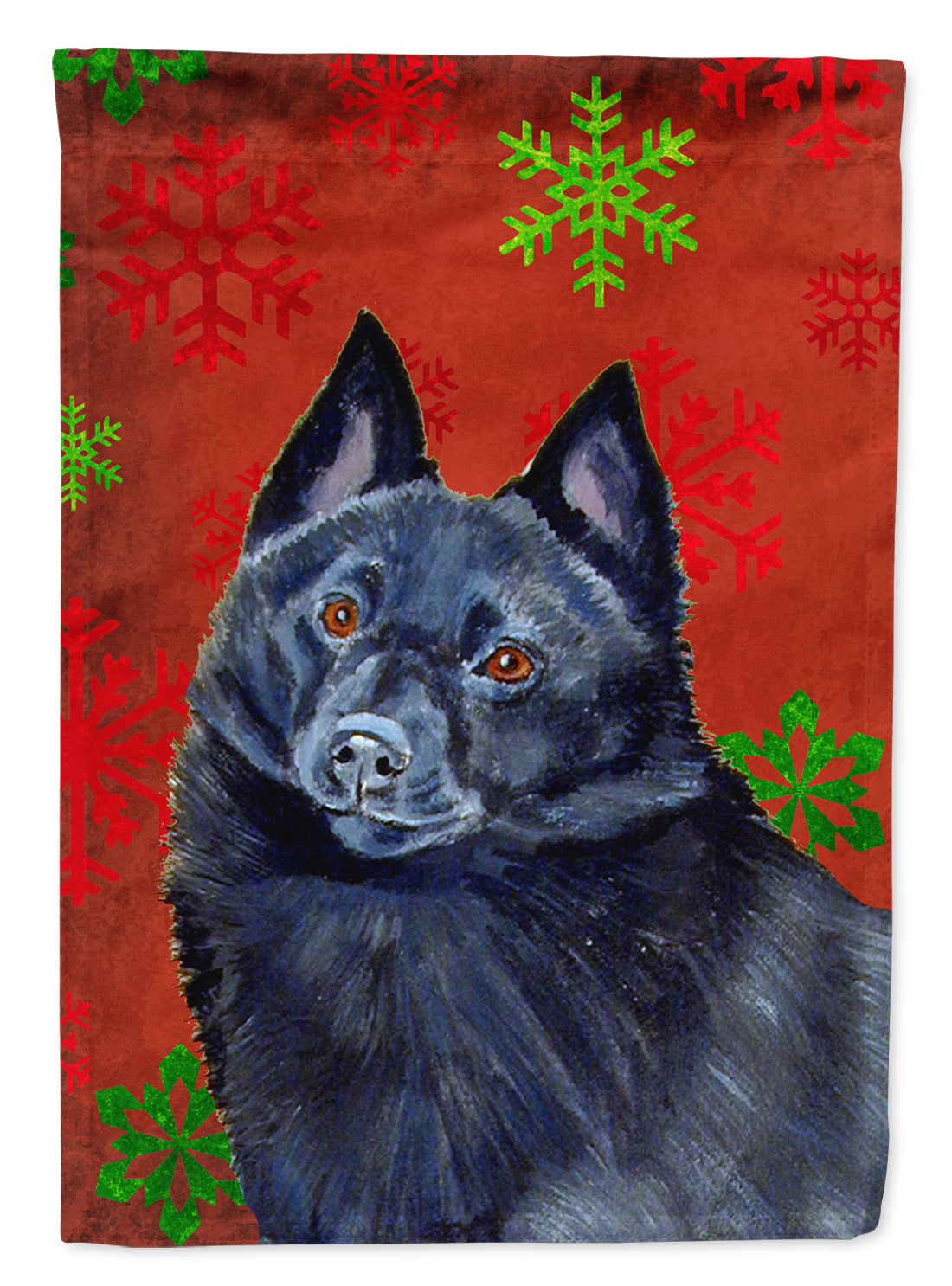 Schipperke Red and Green Snowflakes Holiday Christmas Flag Canvas House Size
