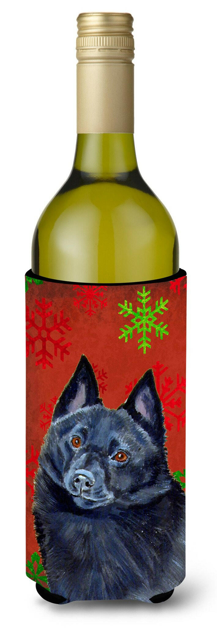 Schipperke Red and Green Snowflakes Holiday Christmas Wine Bottle Beverage Insulator Beverage Insulator Hugger by Caroline&#39;s Treasures