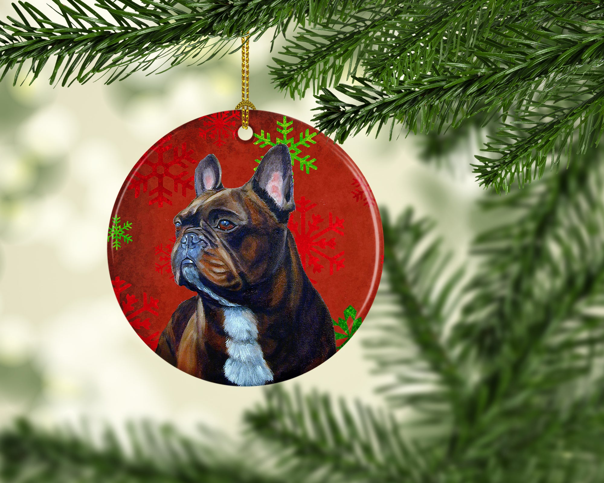 French Bulldog Red Snowflake Holiday Christmas Ceramic Ornament LH9340 - the-store.com