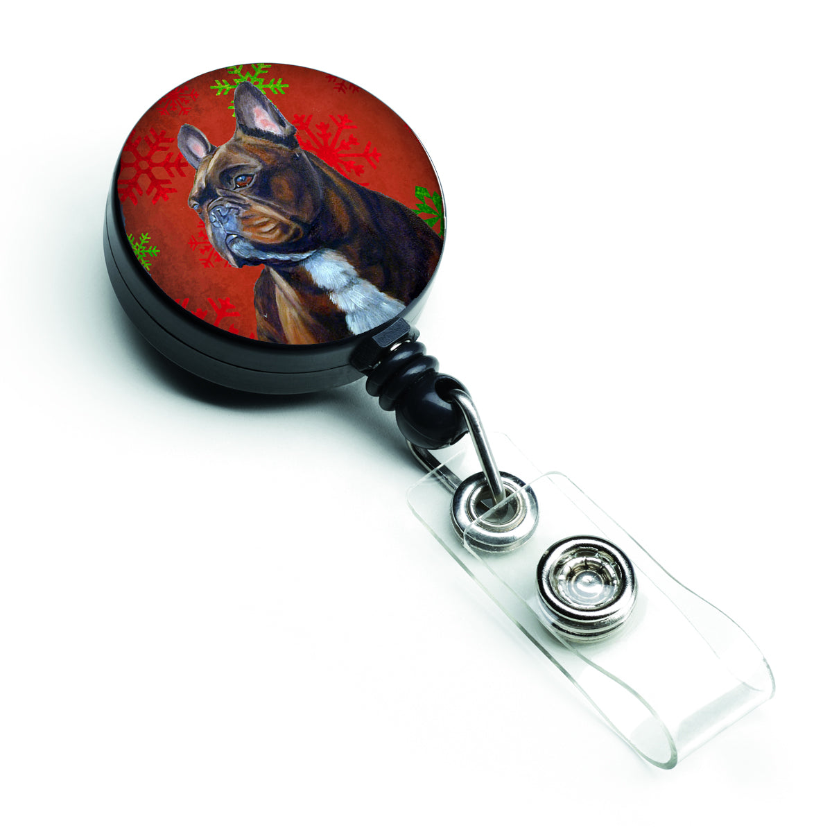 French Bulldog Red and Green Snowflakes Holiday Christmas Retractable Badge Reel LH9340BR