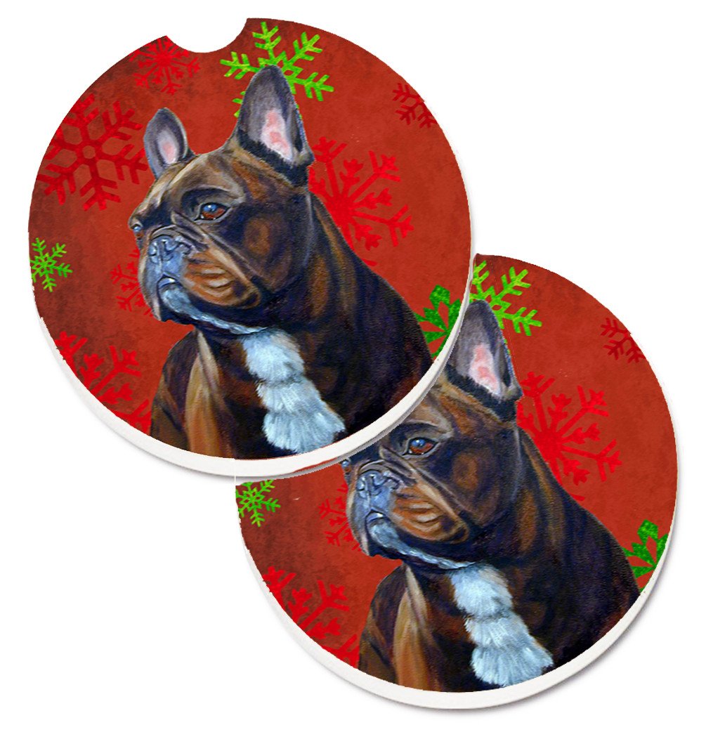 French Bulldog Red and Green Snowflakes Holiday Christmas Set of 2 Cup Holder Car Coasters LH9340CARC by Caroline&#39;s Treasures