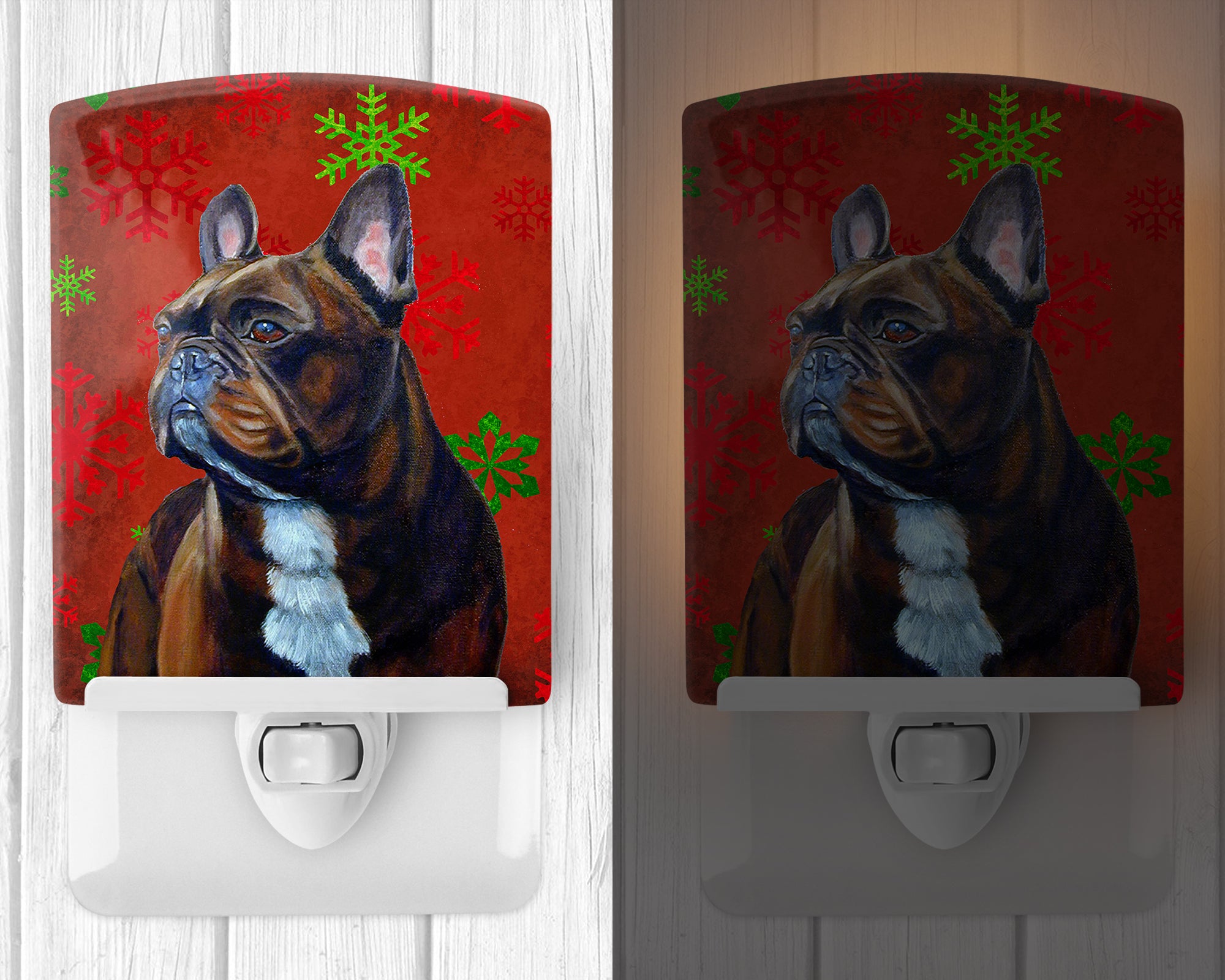 French Bulldog Red and Green Snowflakes Holiday Christmas Ceramic Night Light LH9340CNL - the-store.com