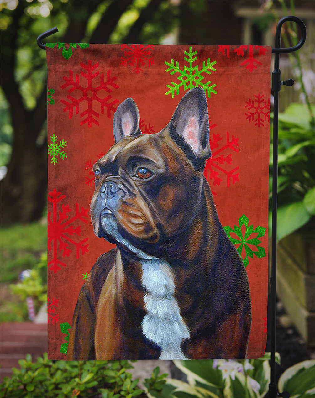 French Bulldog Red and Green Snowflakes Holiday Christmas Flag Garden Size