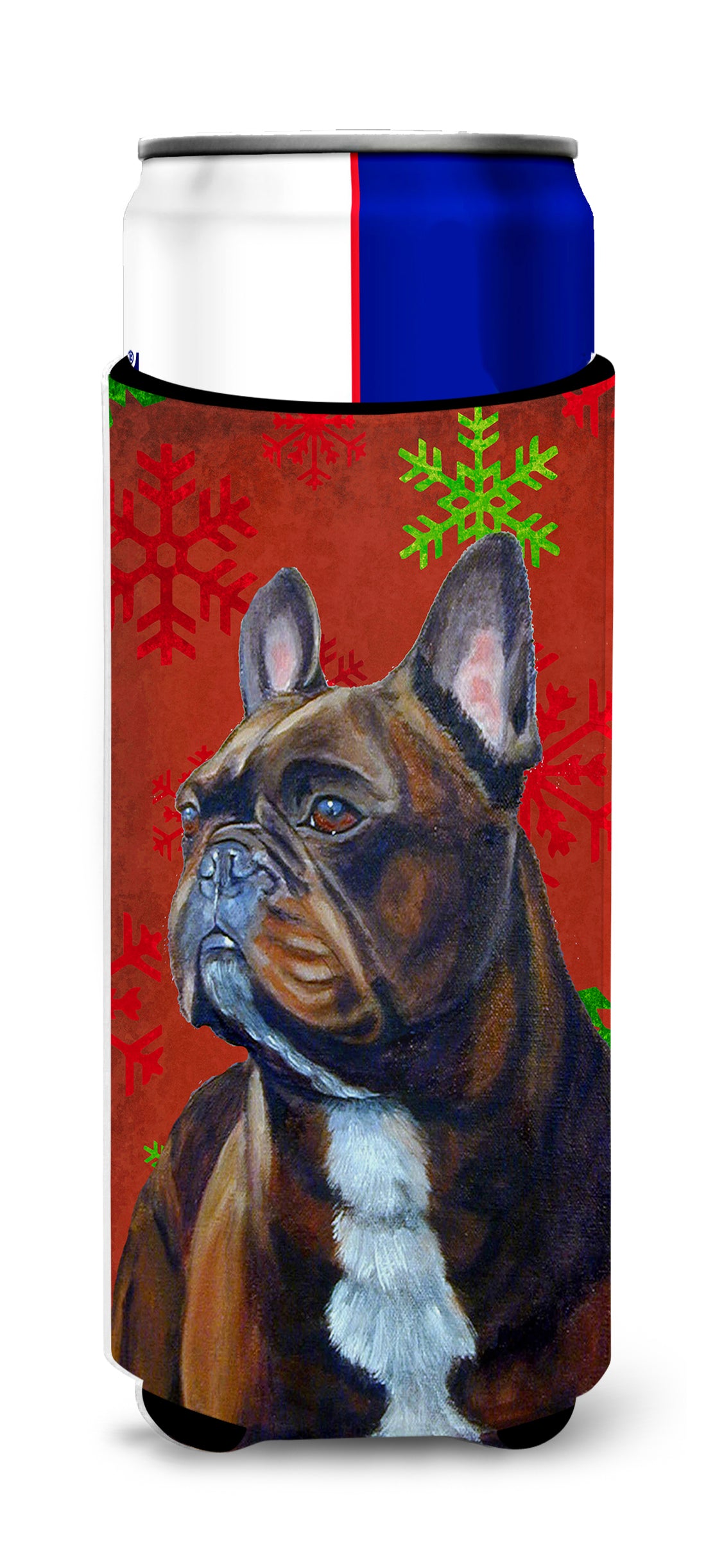 French Bulldog Red and Green Snowflakes Holiday Christmas Ultra Beverage Insulators for slim cans LH9340MUK.