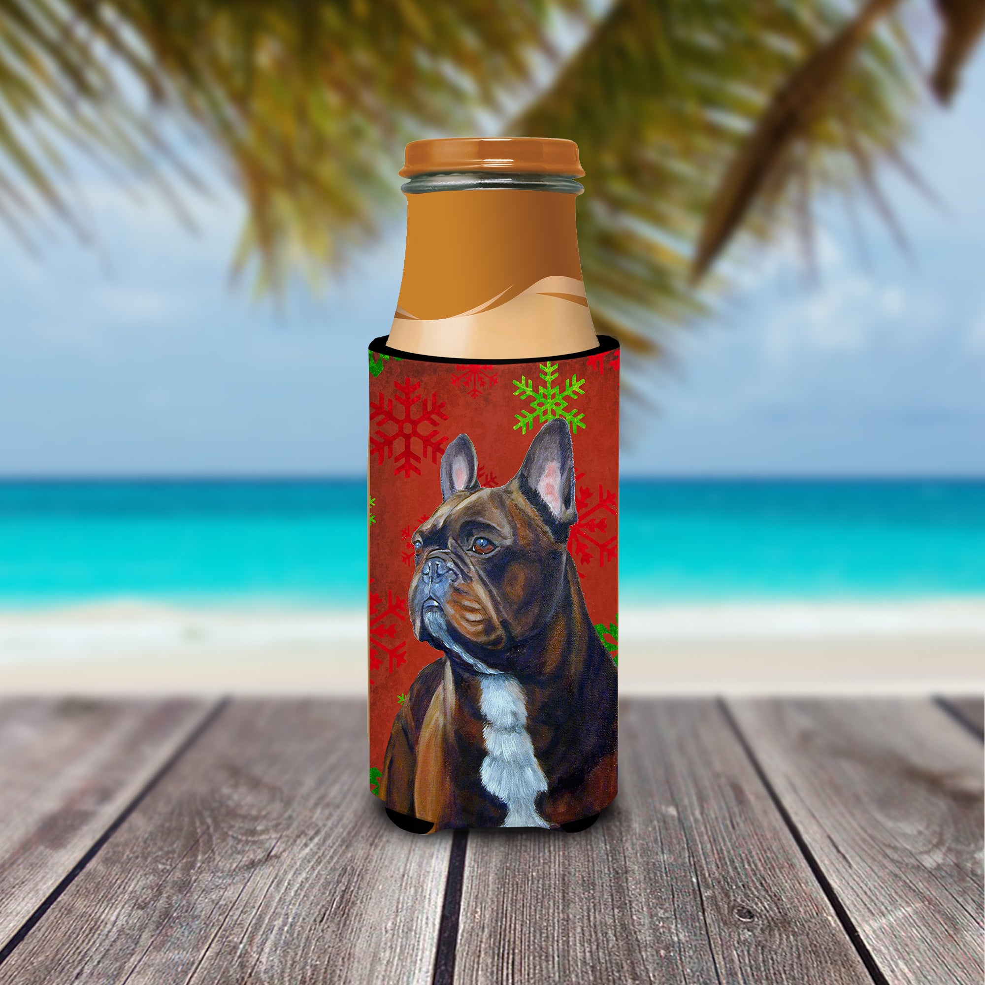 French Bulldog Red and Green Snowflakes Holiday Christmas Ultra Beverage Insulators for slim cans LH9340MUK.