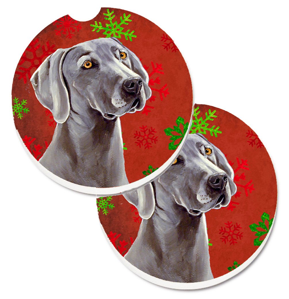 Weimaraner Red and Green Snowflakes Holiday Christmas Set of 2 Cup Holder Car Coasters LH9341CARC by Caroline&#39;s Treasures