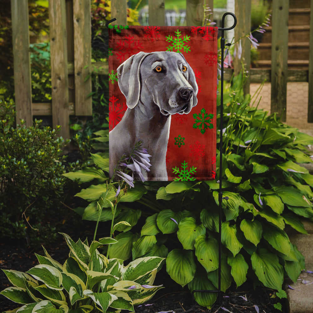 Weimaraner Red and Green Snowflakes Holiday Christmas Flag Garden Size