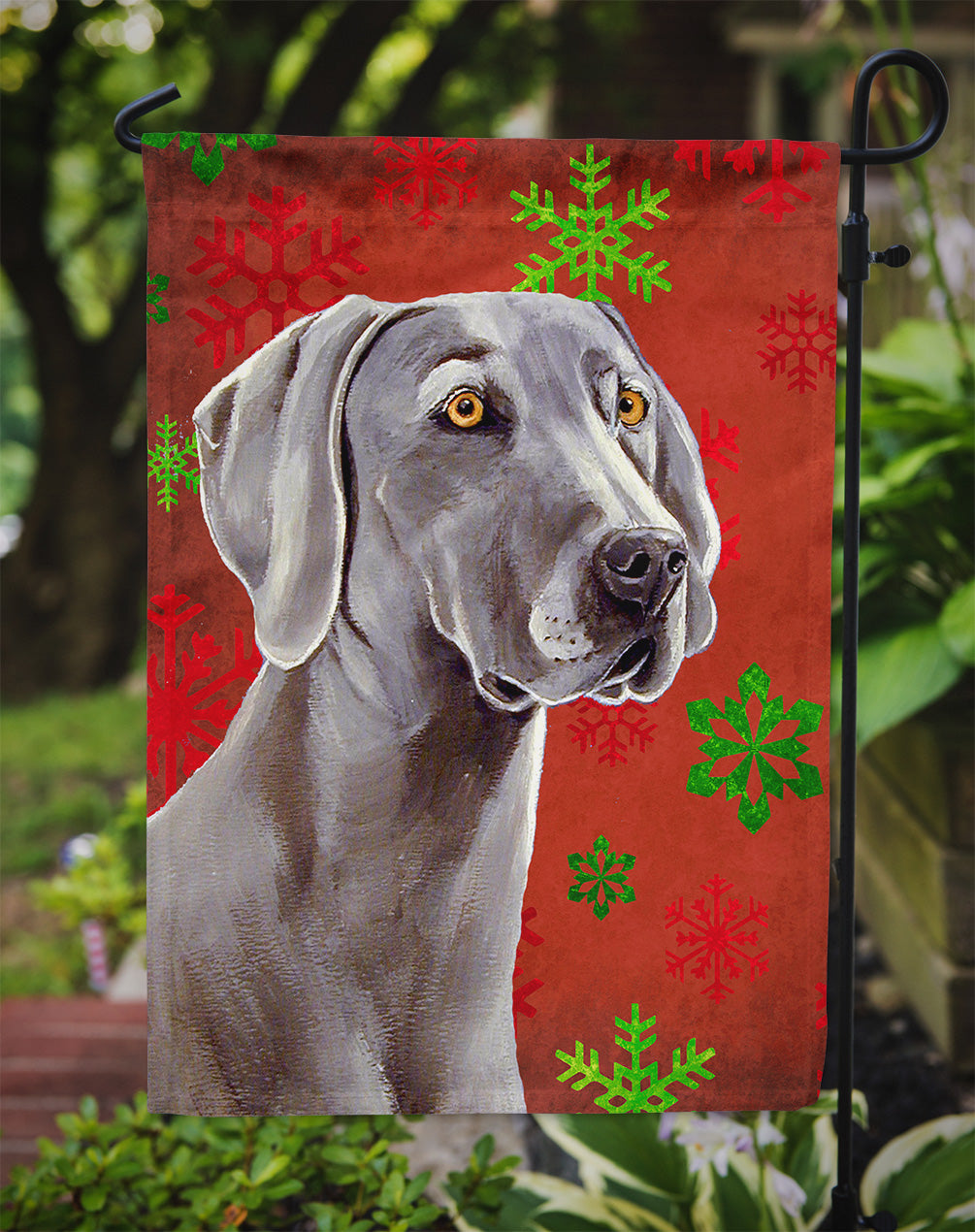 Weimaraner Red and Green Snowflakes Holiday Christmas Flag Garden Size.