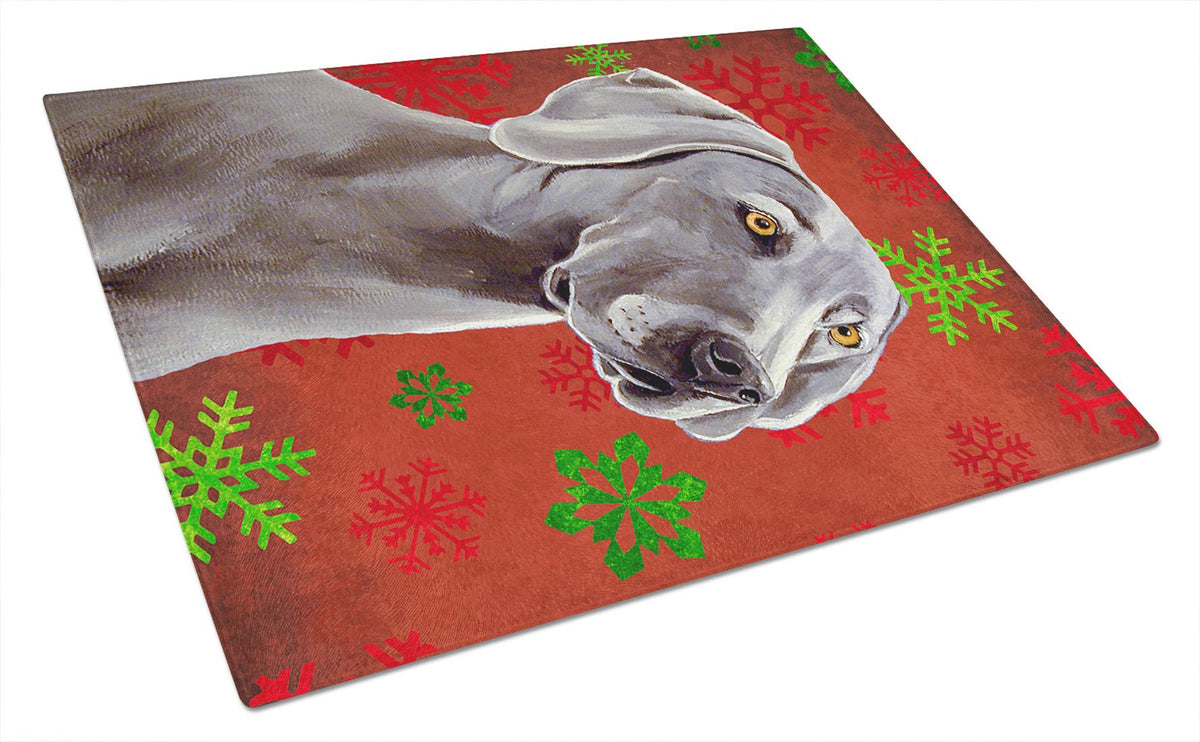 Weimaraner Red and Green Snowflakes Holiday Christmas Glass Cutting Board Large by Caroline&#39;s Treasures