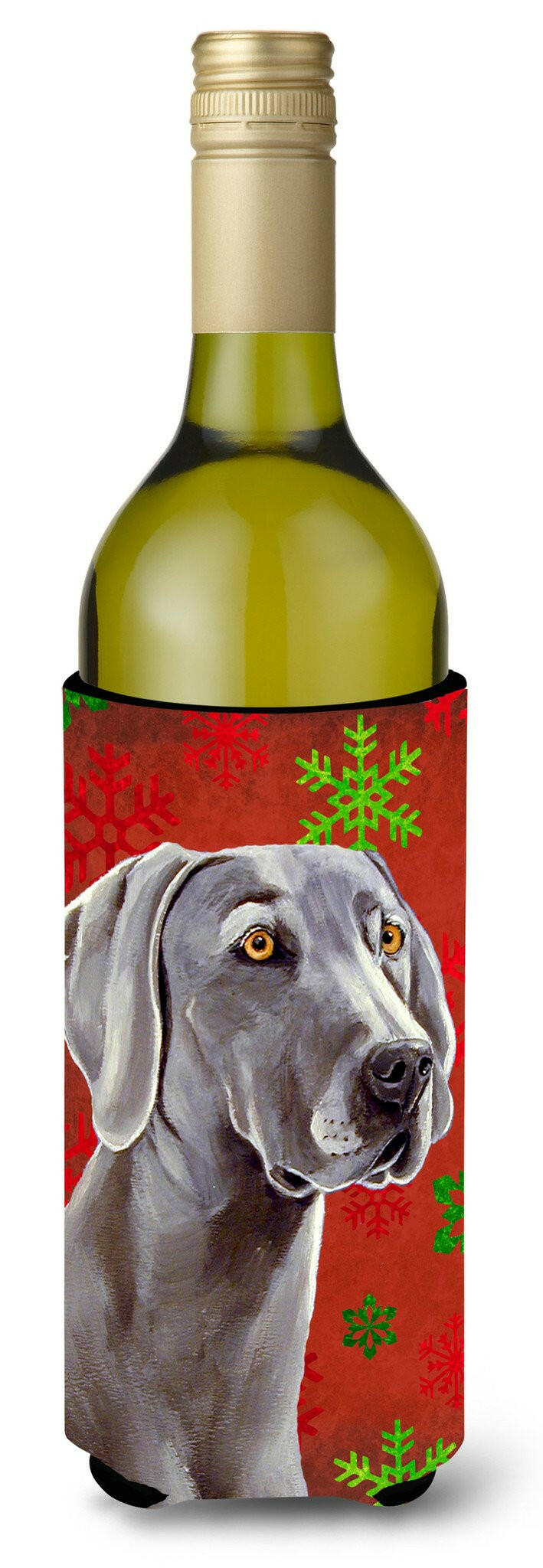Weimaraner Red and Green Snowflakes Holiday Christmas Wine Bottle Beverage Insulator Beverage Insulator Hugger by Caroline's Treasures