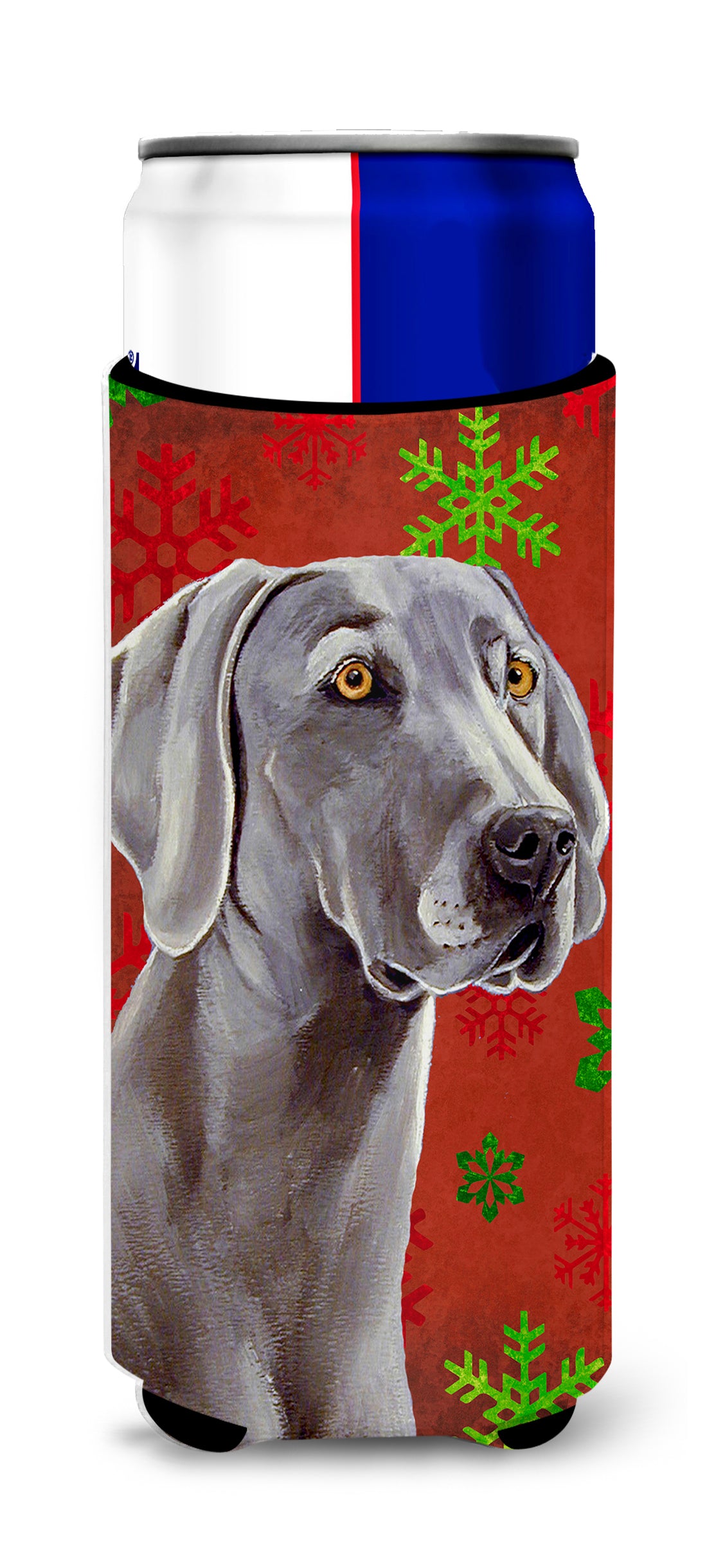 Weimaraner Red and Green Snowflakes Holiday Christmas Ultra Beverage Insulators for slim cans LH9341MUK.