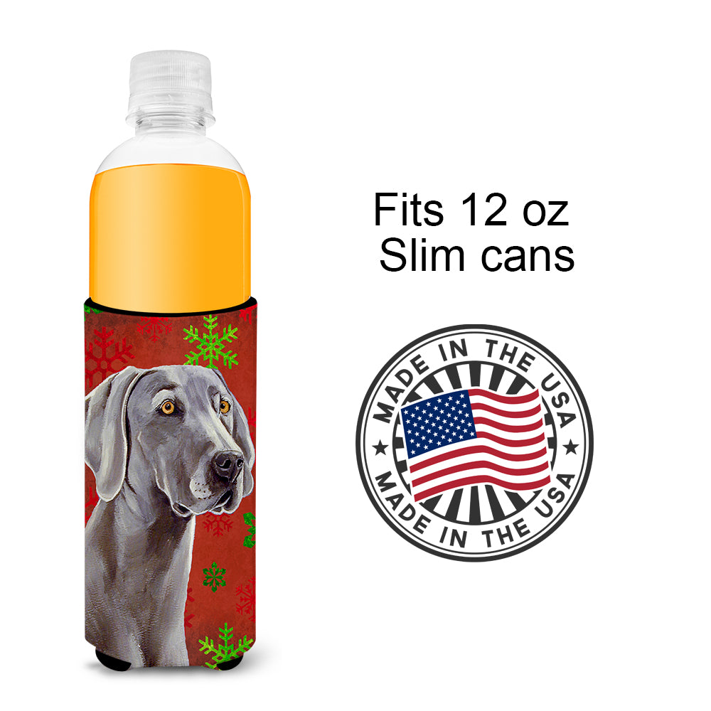 Weimaraner Red and Green Snowflakes Holiday Christmas Ultra Beverage Insulators for slim cans LH9341MUK