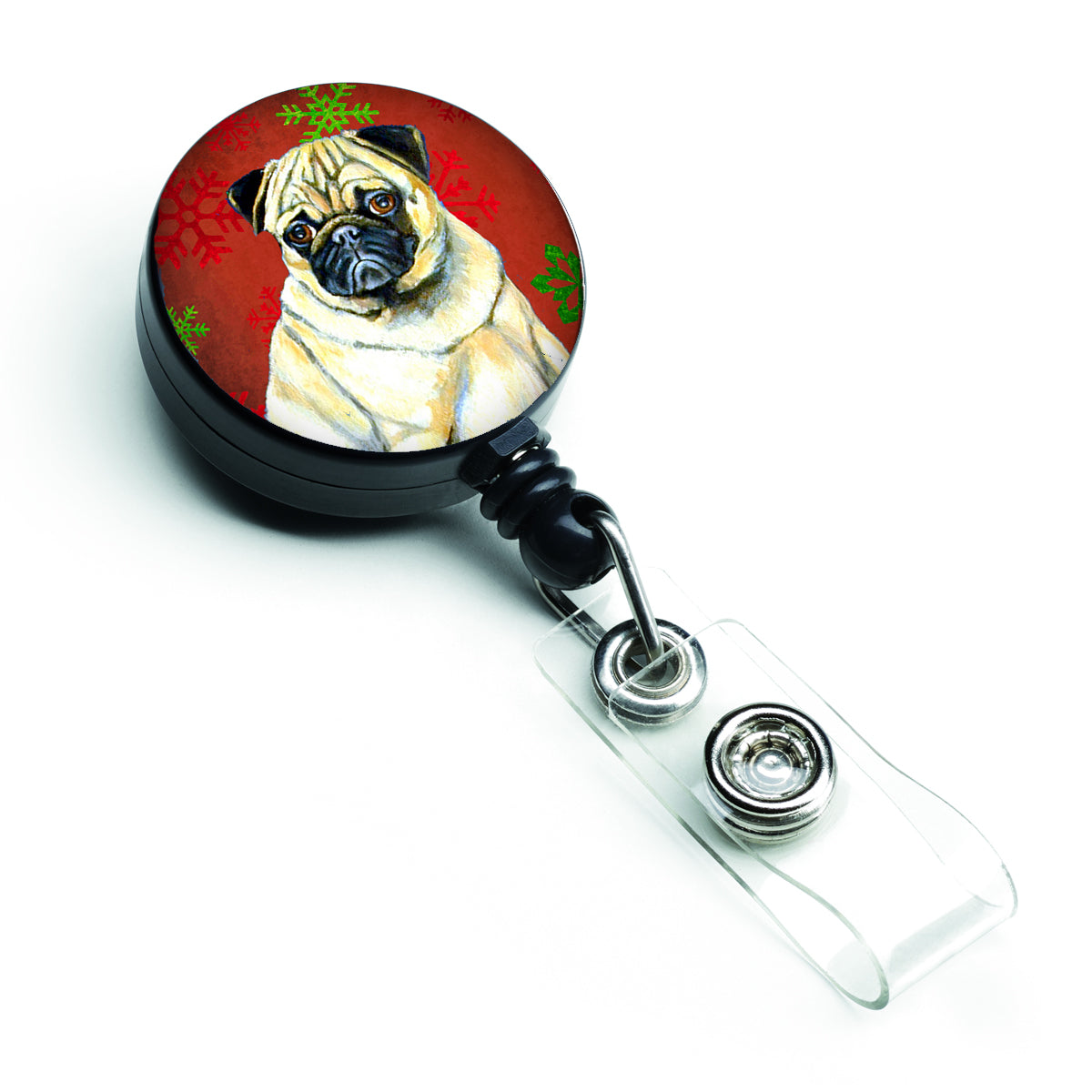 Pug Red and Green Snowflakes Holiday Christmas Retractable Badge Reel LH9342BR