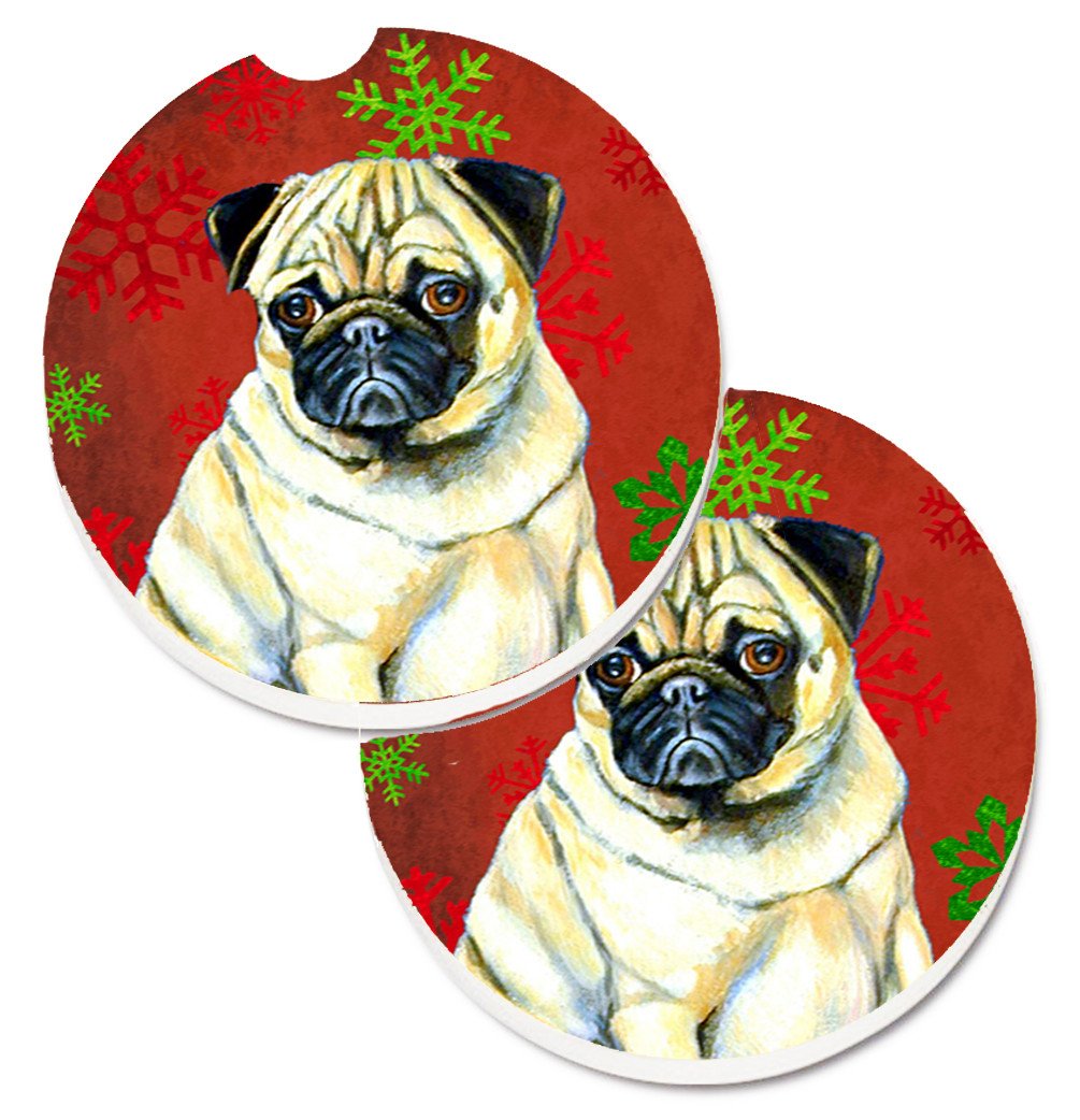 Pug Red and Green Snowflakes Holiday Christmas Set of 2 Cup Holder Car Coasters LH9342CARC by Caroline&#39;s Treasures