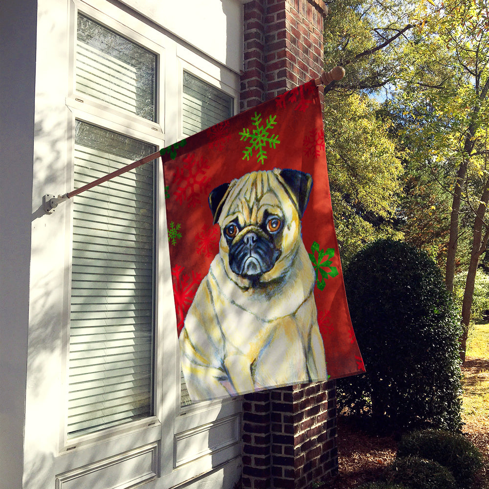 Pug Red and Green Snowflakes Holiday Christmas Flag Canvas House Size