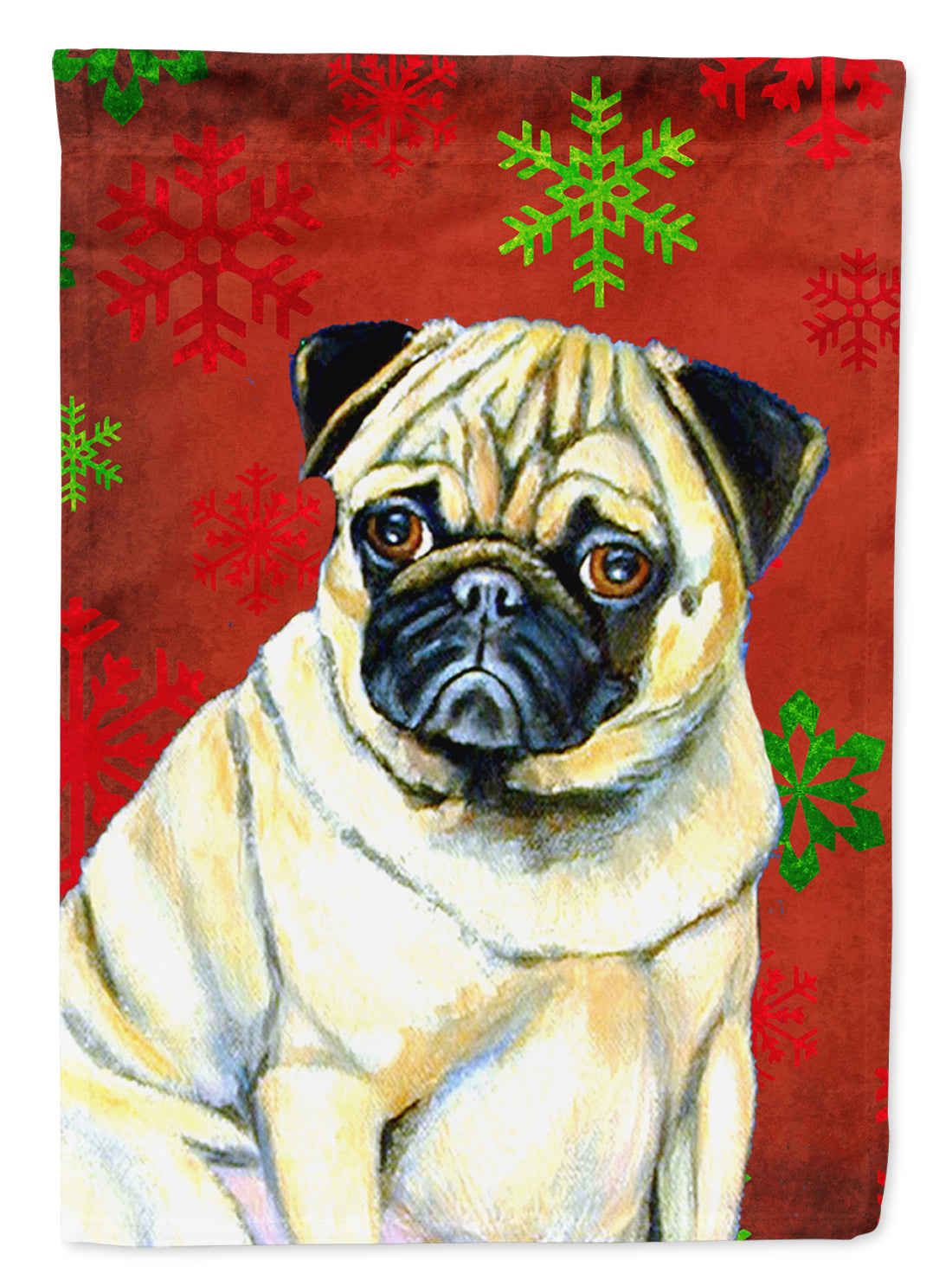 Pug Red and Green Snowflakes Holiday Christmas Flag Garden Size.