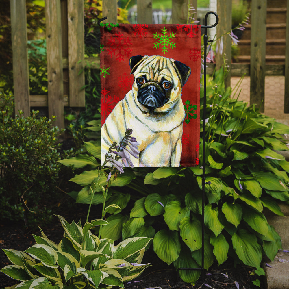 Pug Red and Green Snowflakes Holiday Christmas Flag Garden Size