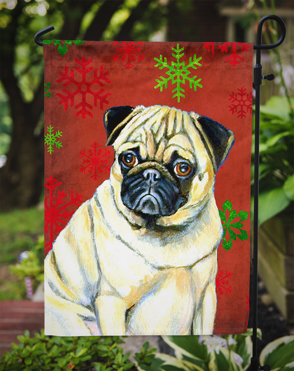 Pug Red and Green Snowflakes Holiday Christmas Flag Garden Size