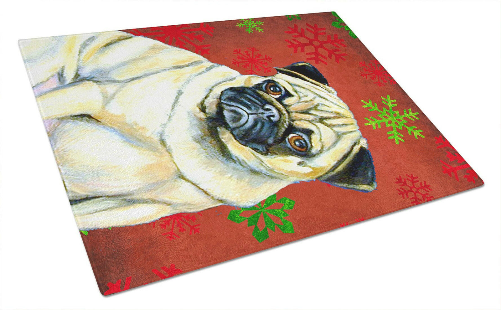 Pug Red and Green Snowflakes Holiday Christmas Glass Cutting Board Large by Caroline's Treasures