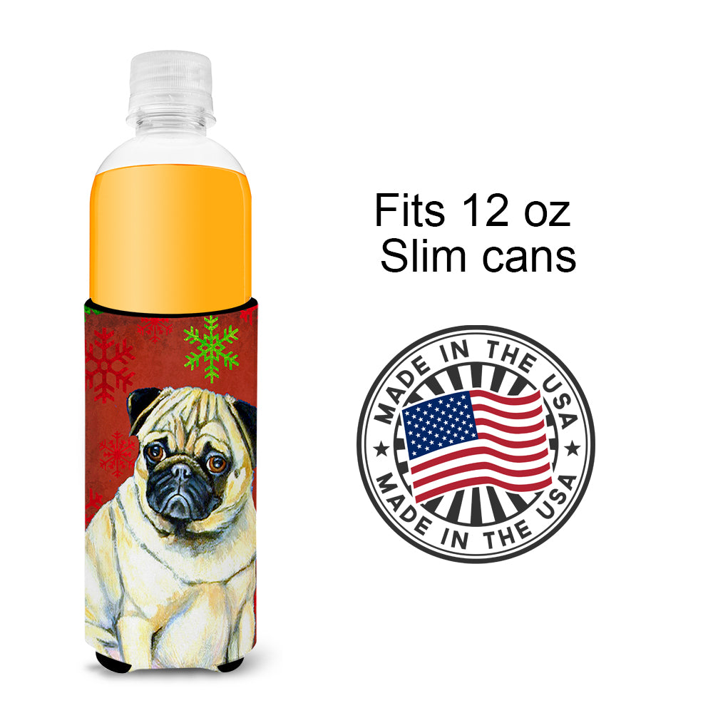 Pug Red and Green Snowflakes Holiday Christmas Ultra Beverage Insulators for slim cans LH9342MUK.