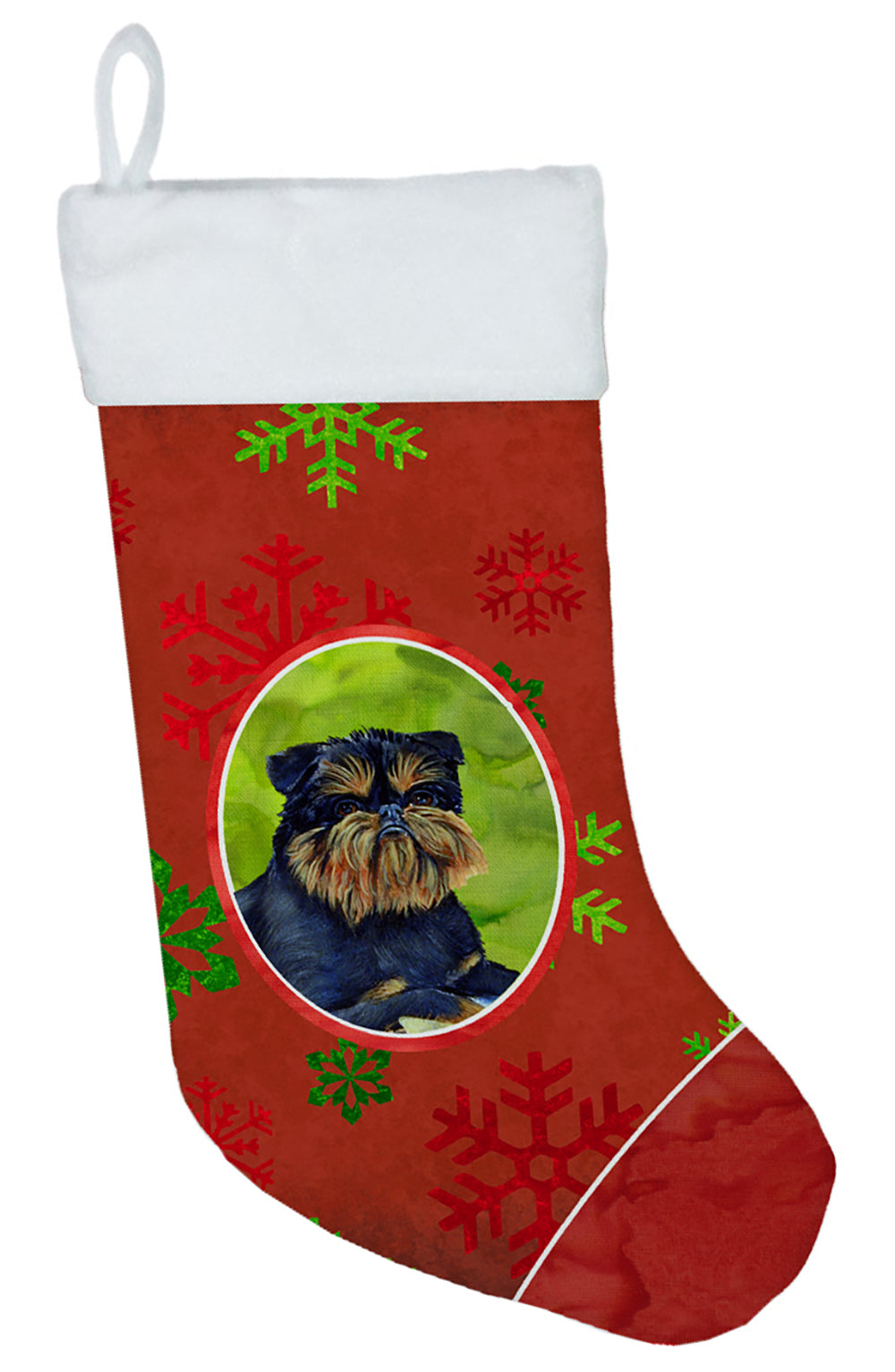 Brussels Griffon Red and Green Snowflakes Holiday Christmas Stocking  the-store.com.