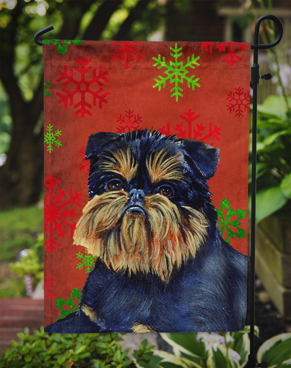 Brussels Griffon Red and Green Snowflakes Holiday Christmas Flag Garden Size.