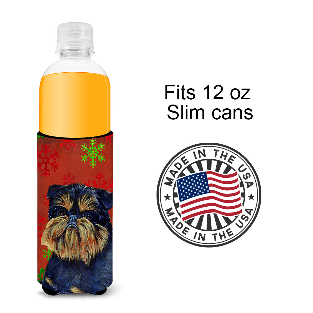 Brussels Griffon Red and Green Snowflakes Holiday Christmas Ultra Beverage Insulators for slim cans LH9343MUK.