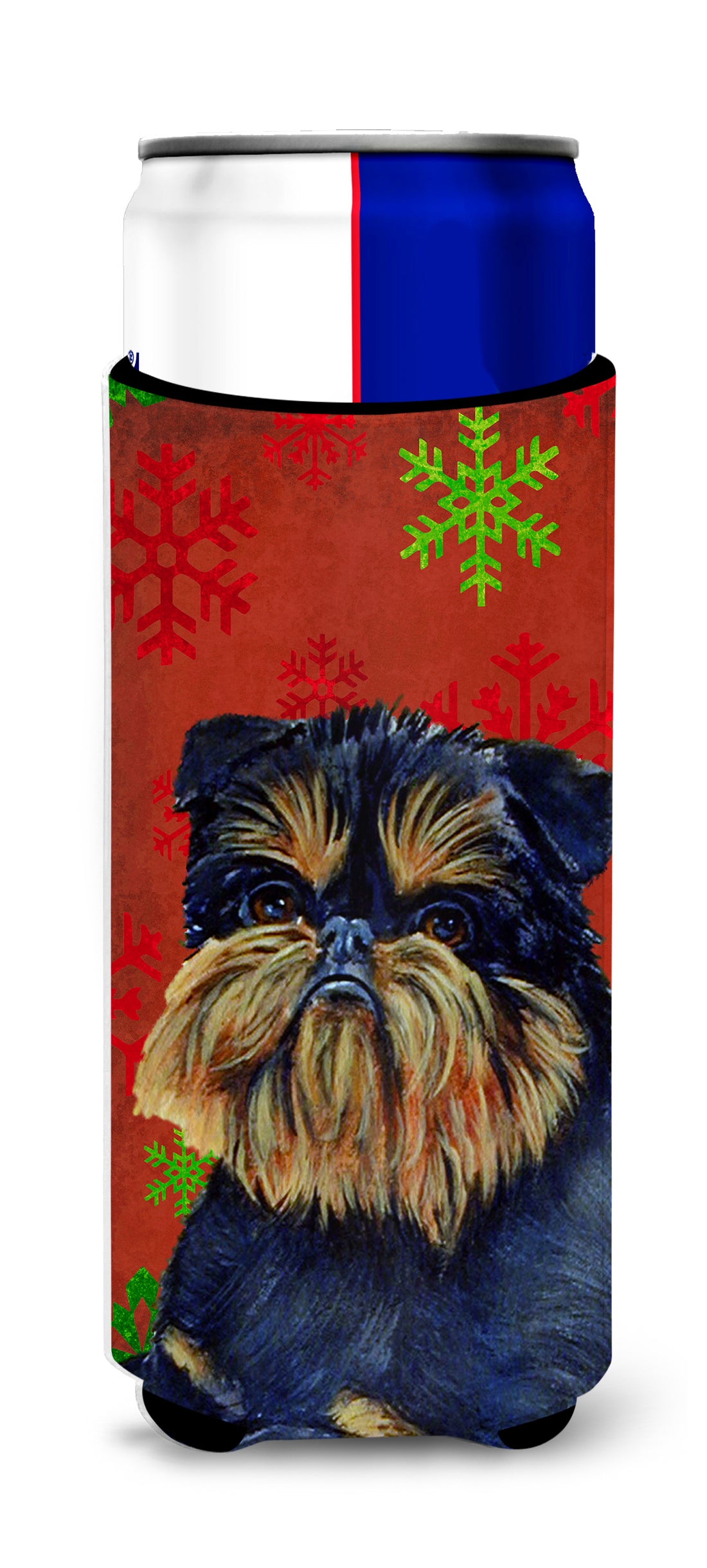 Brussels Griffon Red and Green Snowflakes Holiday Christmas Ultra Beverage Insulators for slim cans LH9343MUK