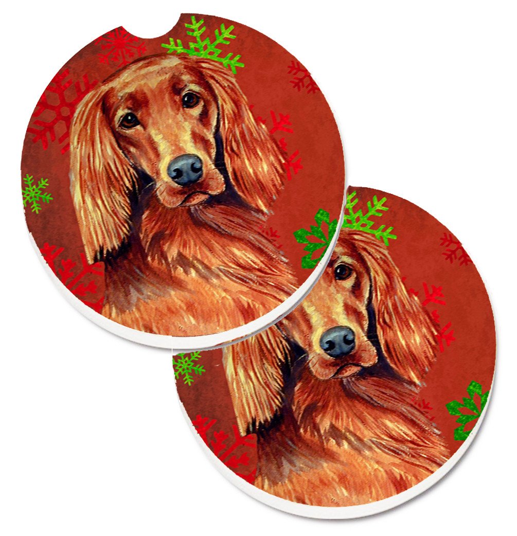 Irish Setter Red and Green Snowflakes Holiday Christmas Set of 2 Cup Holder Car Coasters LH9344CARC by Caroline&#39;s Treasures