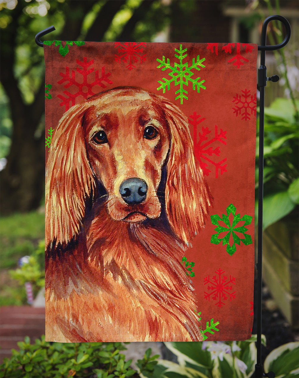 Irish Setter Red and Green Snowflakes Holiday Christmas Flag Garden Size.