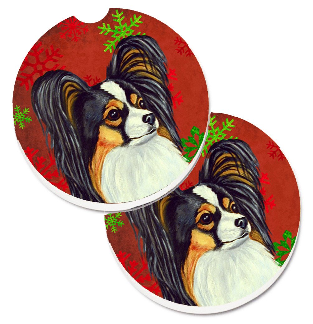 Papillon Red and Green Snowflakes Holiday Christmas Set of 2 Cup Holder Car Coasters LH9345CARC by Caroline&#39;s Treasures