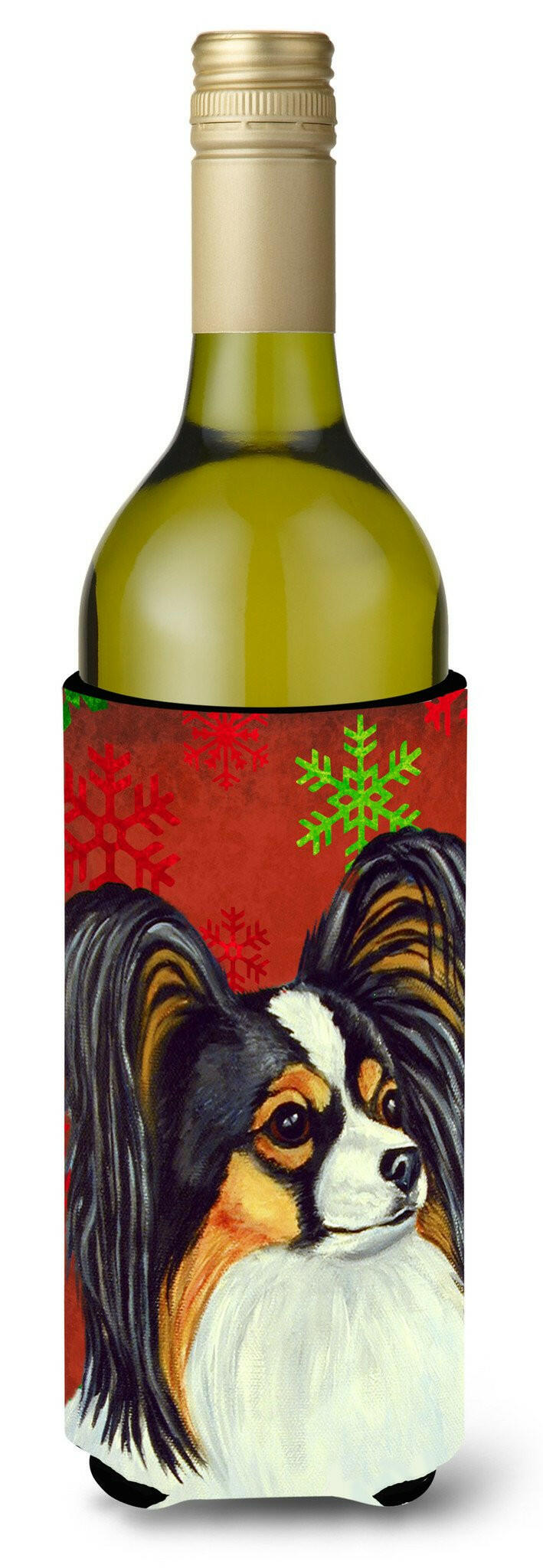 Papillon Red and Green Snowflakes Holiday Christmas Wine Bottle Beverage Insulator Beverage Insulator Hugger by Caroline&#39;s Treasures