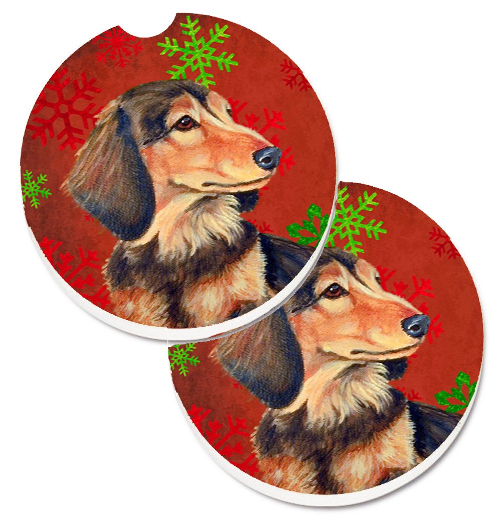Dachshund Red and Green Snowflakes Holiday Christmas Set of 2 Cup Holder Car Coasters LH9346CARC by Caroline&#39;s Treasures