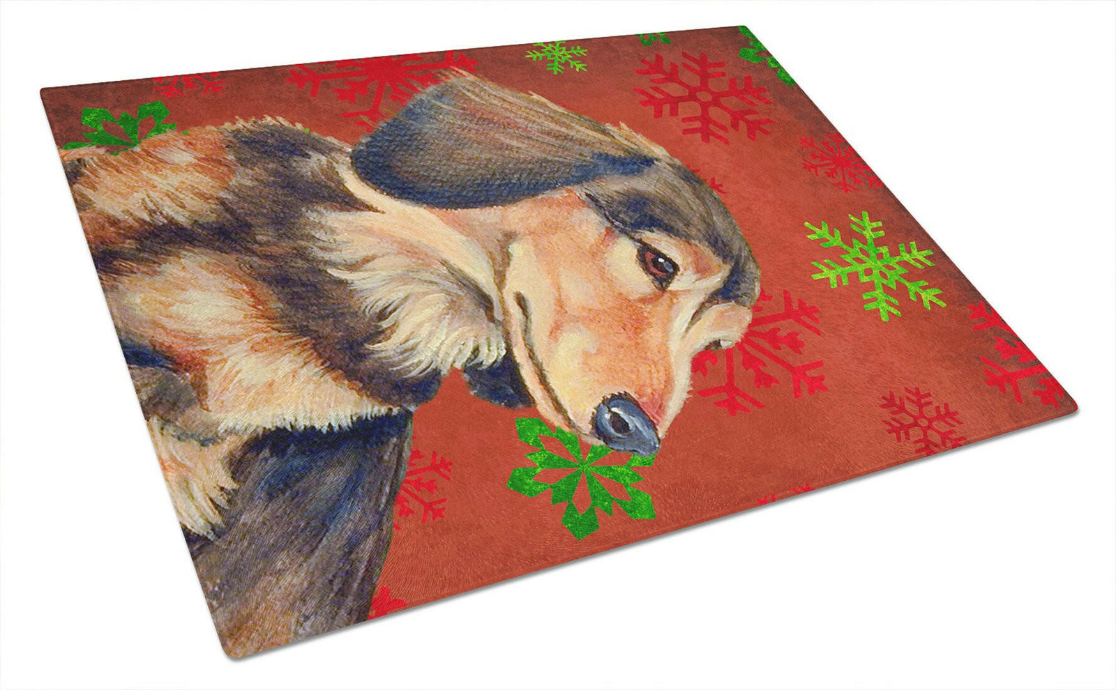 Dachshund Red and Green Snowflakes Holiday Christmas Glass Cutting Board Large by Caroline's Treasures