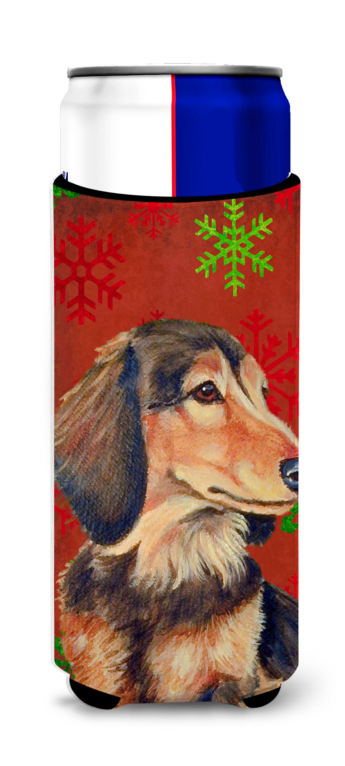 Dachshund Red and Green Snowflakes Holiday Christmas Ultra Beverage Insulators for slim cans LH9346MUK.