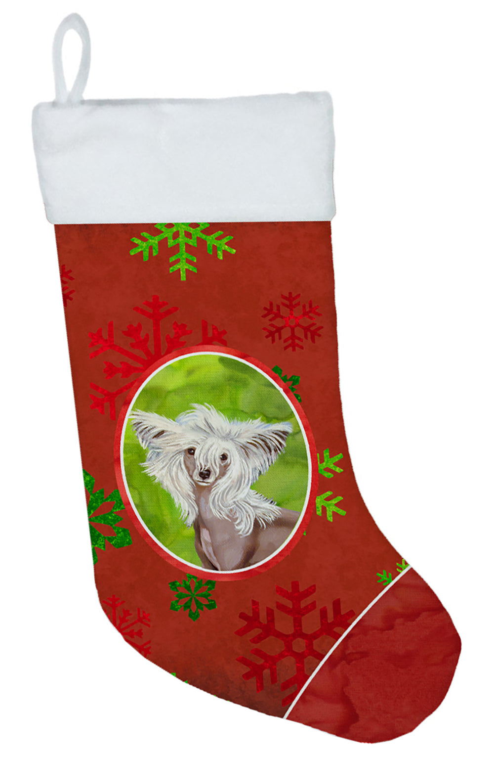 Chinese Crested Red and Green Snowflakes Holiday Christmas Stocking  the-store.com.