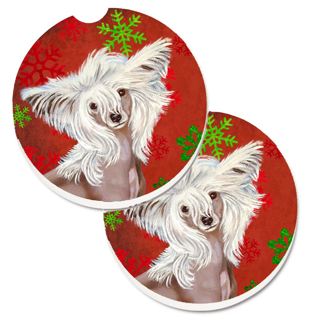 Chinese Crested Red and Green Snowflakes Holiday Christmas Set of 2 Cup Holder Car Coasters LH9347CARC by Caroline's Treasures