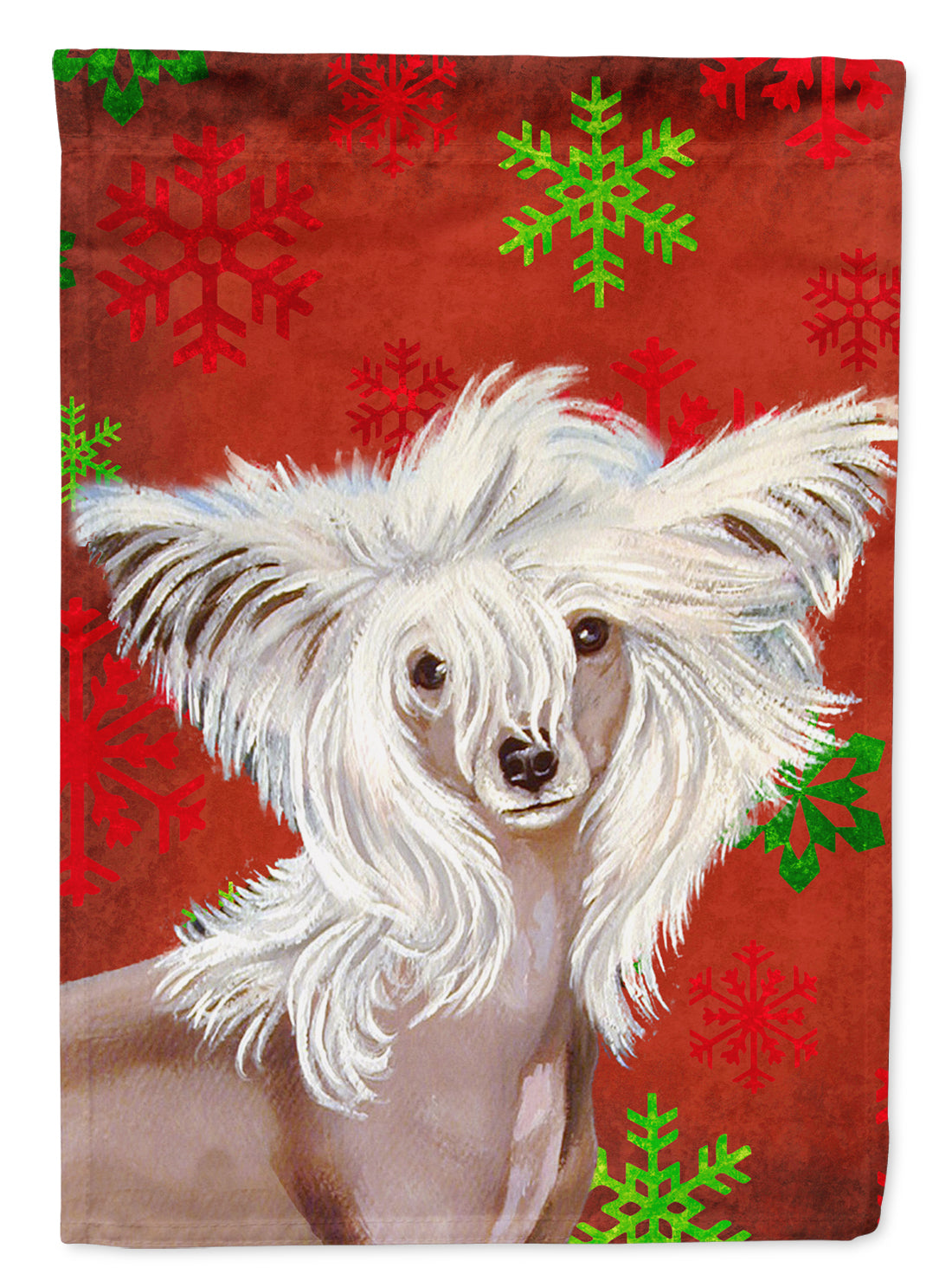 Chinese Crested Red Green Snowflakes Holiday Christmas Flag Canvas House Size