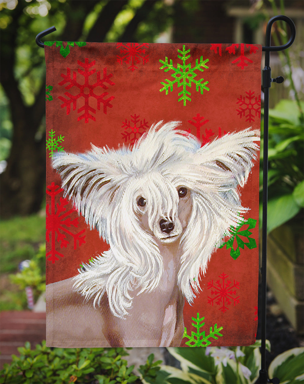 Chinese Crested Red and Green Snowflakes Holiday Christmas Flag Garden Size.
