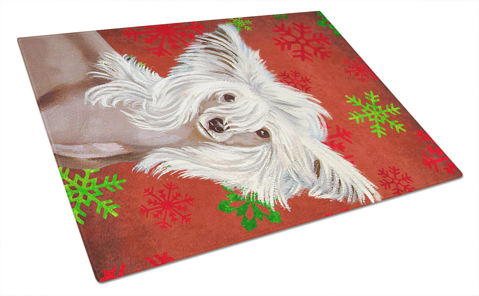 Chinese Crested Red and Green Snowflakes Christmas Glass Cutting Board Large by Caroline's Treasures