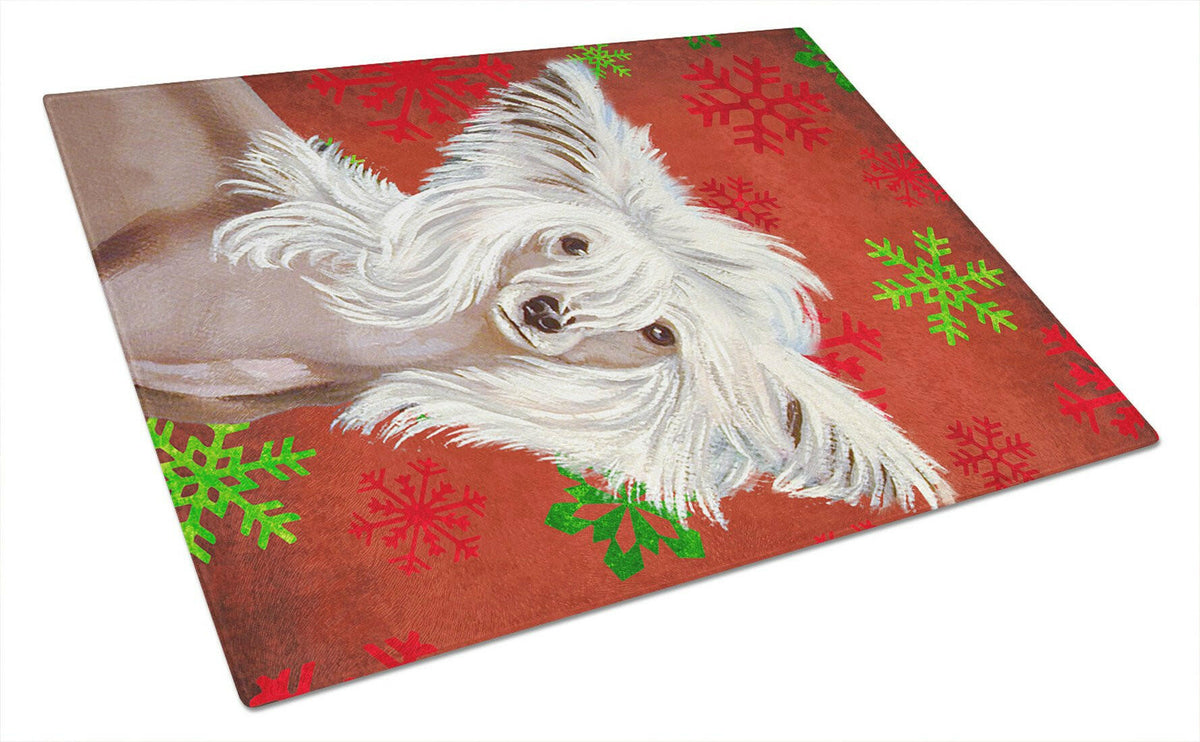 Chinese Crested Red and Green Snowflakes Christmas Glass Cutting Board Large by Caroline&#39;s Treasures