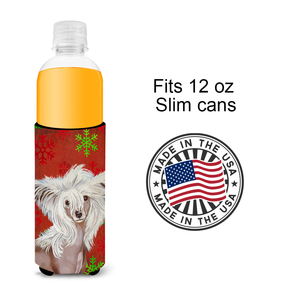Chinese Crested Red and Green Snowflakes Holiday Christmas Ultra Beverage Insulators for slim cans LH9347MUK.